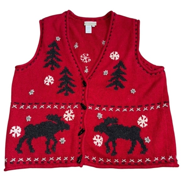 Coldwater Creek Red Moose Snow Christmas Holiday Vest Wool Women’s 1X Winter - Picture 5 of 11